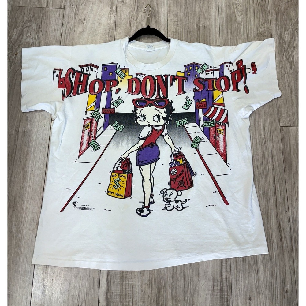 Vintage 1996 Betty Boop T-Shirt 2XL Freeze Tag Shopping Queen 90s Y2K Pinup Aop